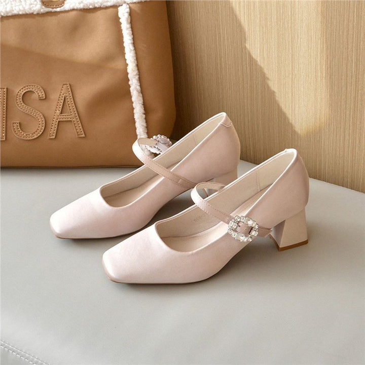 Damen Quadratische Mary‑Jane Pumps mit Riemchen, mittelhohem Blockabsatz und Kristallschnalle Drune