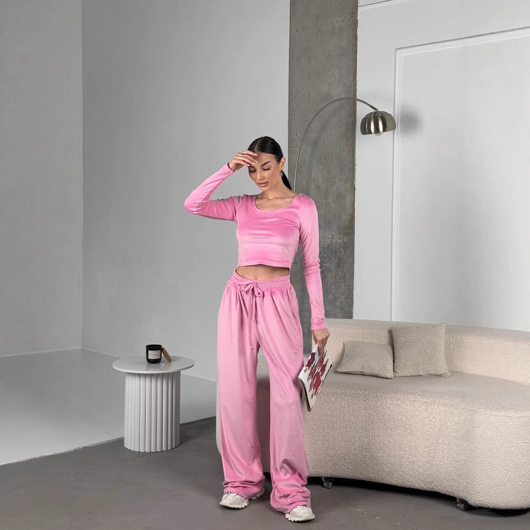 Damen samtiges bauchfreies Langarm-Crop-Top mit weitem Rundhalsausschnitt Drune
