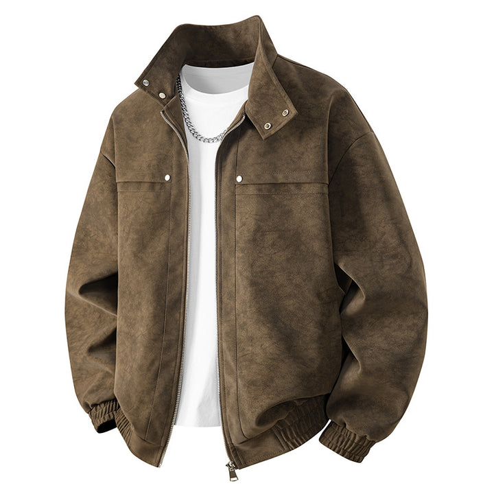 Herren Velours-Imitat Übergangsjacke im Bomberstil mit Stehkragen, Druckknopfleiste & elastischen Bündchen Drune