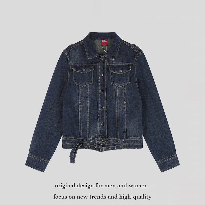 Damen kurze Denimjacke mit Taillengürtel, Druckknopf‑Front und aufgesetzten Brusttaschen Drune