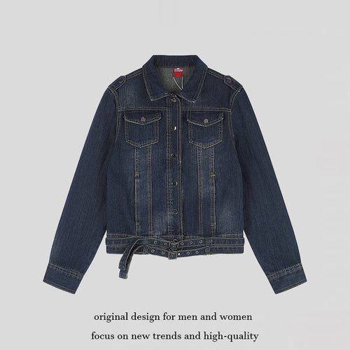 Damen kurze Denimjacke mit Taillengürtel, Druckknopf‑Front und aufgesetzten Brusttaschen Drune