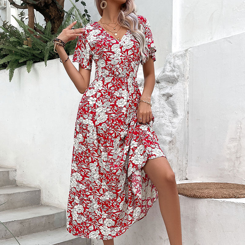 Damen Midikleid im romantischen Floralprint mit V-Ausschnitt und lockerer Passform Drune