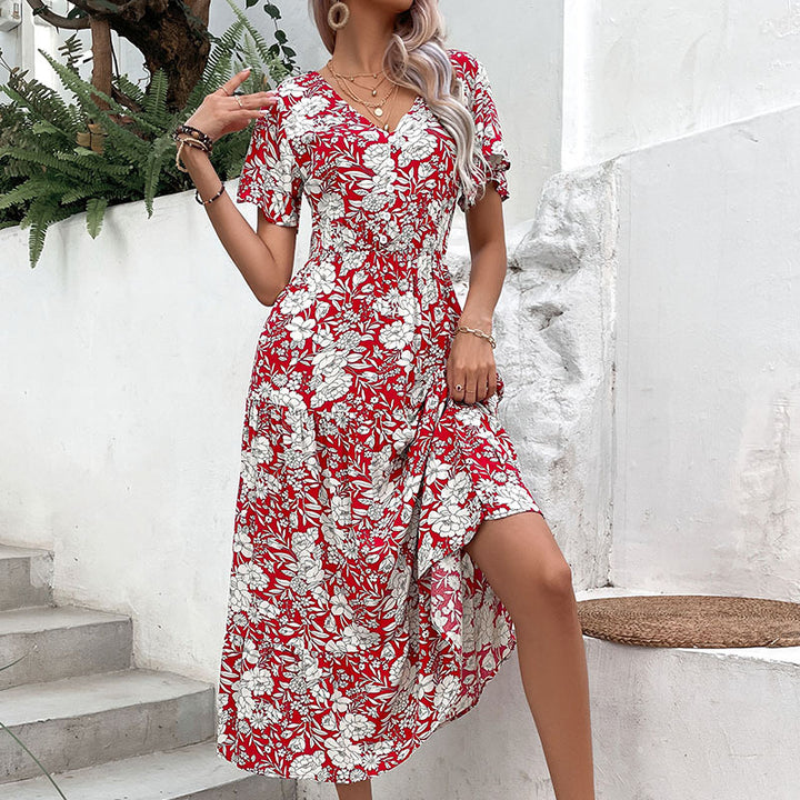 Damen Midikleid im romantischen Floralprint mit V-Ausschnitt und lockerer Passform Drune