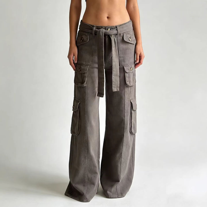 Damen nan weite Cargo-Hose mit hoher Taille, Bindegürtel und mehreren aufgesetzten Klappentaschen Drune