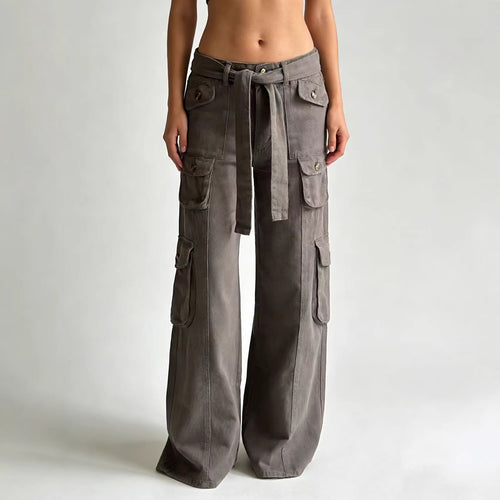 Damen nan weite Cargo-Hose mit hoher Taille, Bindegürtel und mehreren aufgesetzten Klappentaschen Drune
