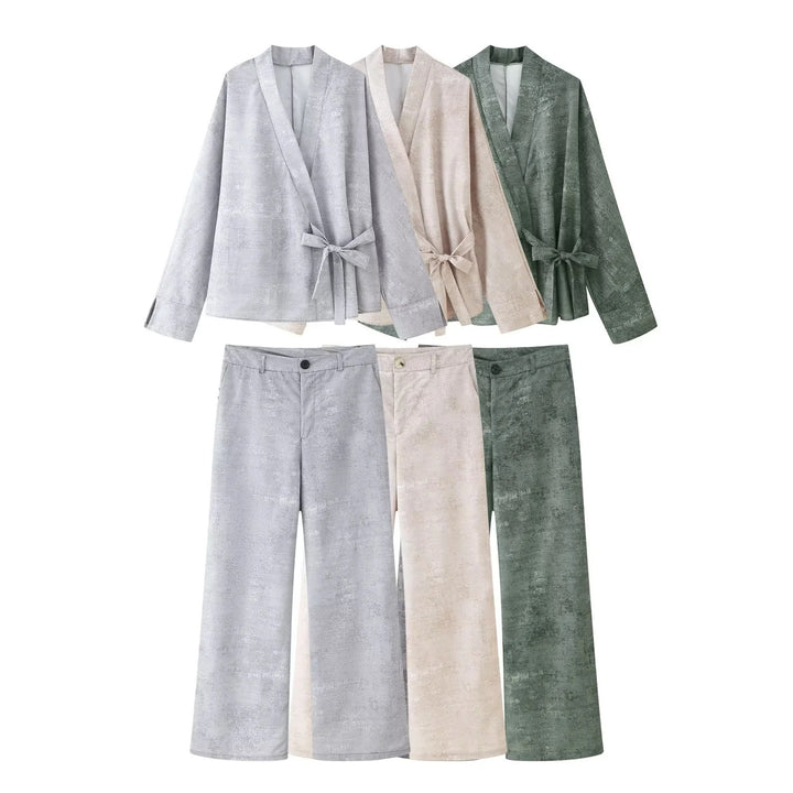 Damen elegantes Wickeloberteil und breite Hose Set Drune
