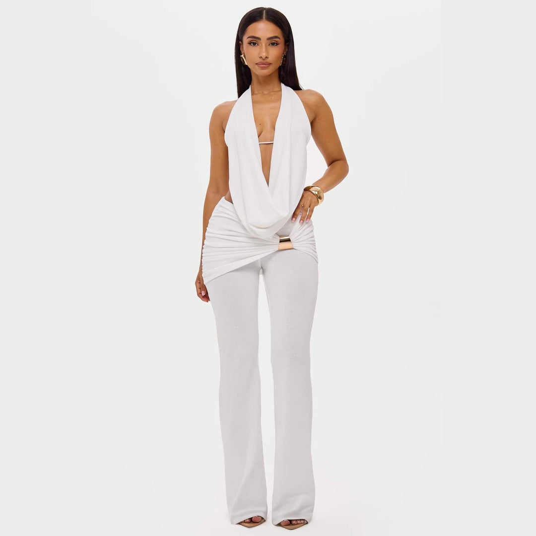 Damen elegantes, figurbetontes Jumpsuit mit tiefem Ausschnitt und weitem Bein Drune
