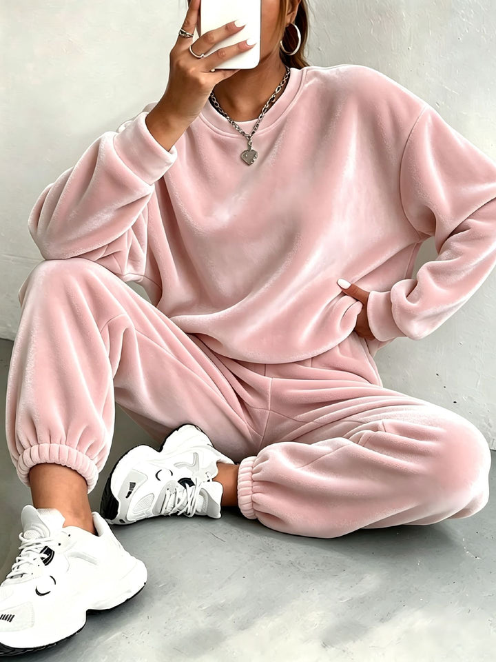 Damen Oversize Samt-Jogginganzug mit Rundhalsausschnitt und elastischen Bündchen Drune