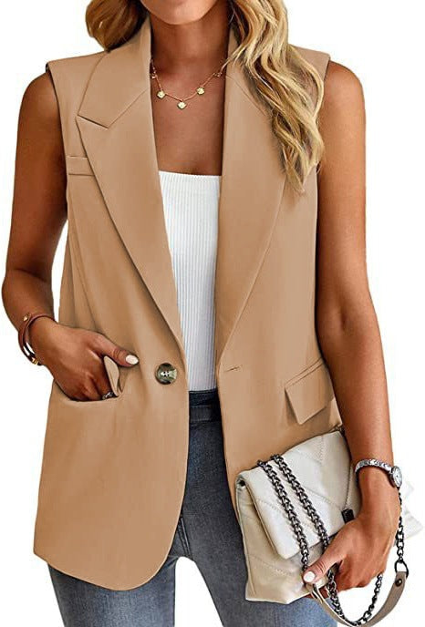 Damen ärmellose Blazerjacke mit Taillenakzenten und praktischen Taschen Drune
