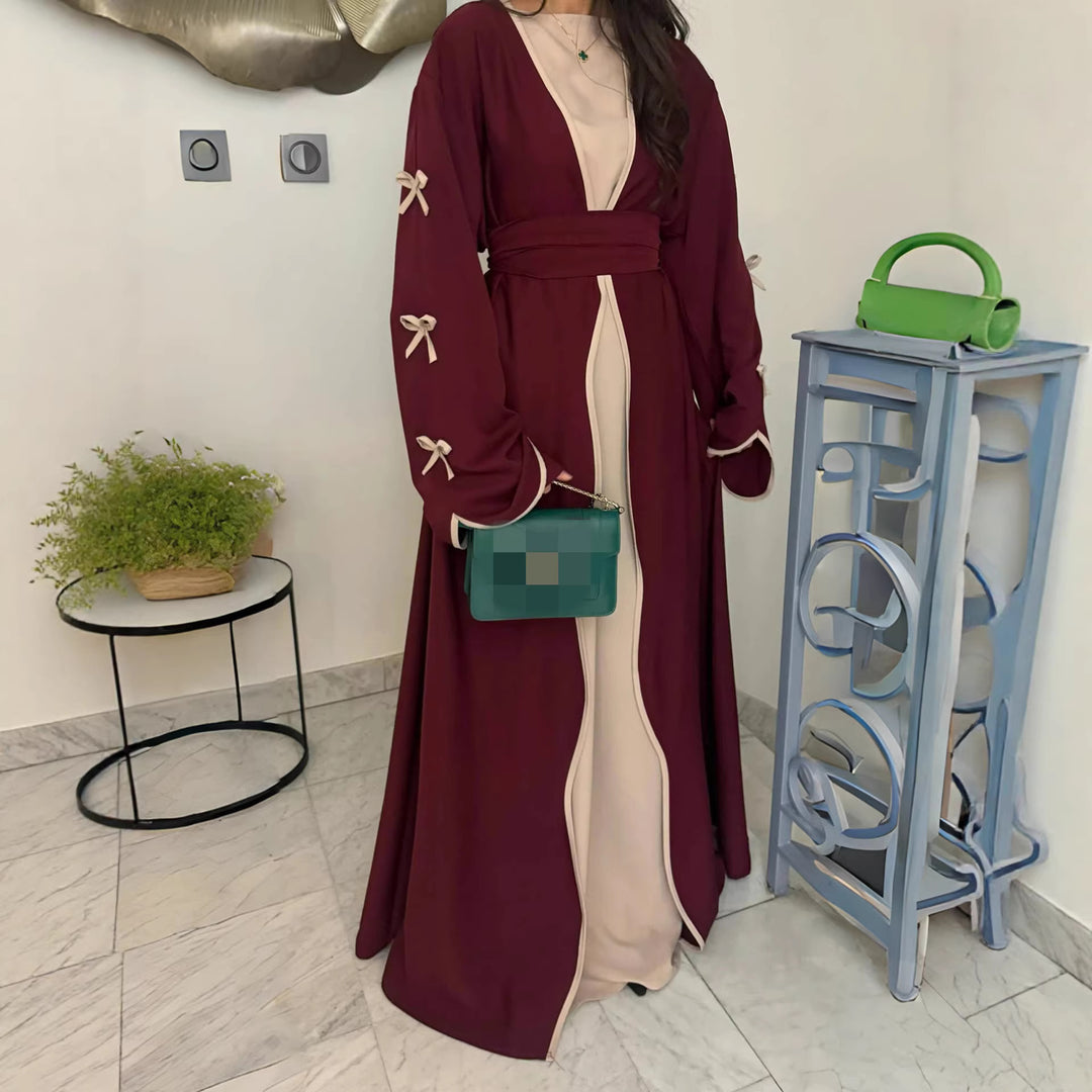 Damen nan elegante Abaya-Kaftan mit weitem Trompetenärmel, kontrastierender Passe und Wickelgürtel Drune