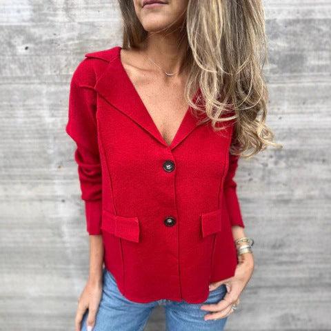 Damen Elegante Strickjacke mit Reverskragen und Taschen Drune
