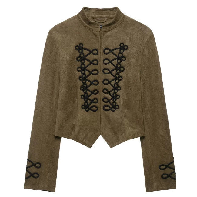 Damen Kurz geschnittene Wildlederjacke im Military‑Look mit Stehkragen und dekorativer Kordelfrosch‑Applikation Drune