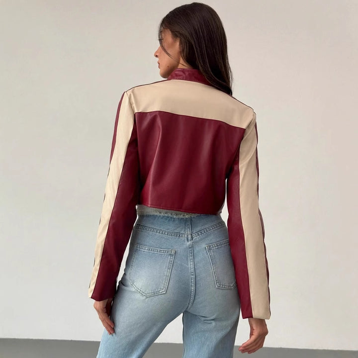 Damen cropped Kunstlederjacke mit kontrastierenden Einsätzen Drune
