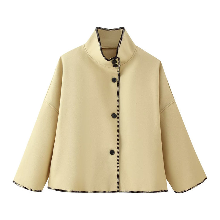 Damen Kurzer kastiger Mantel‑Cape mit Stehkragen und Kontrast‑Ziernaht Drune