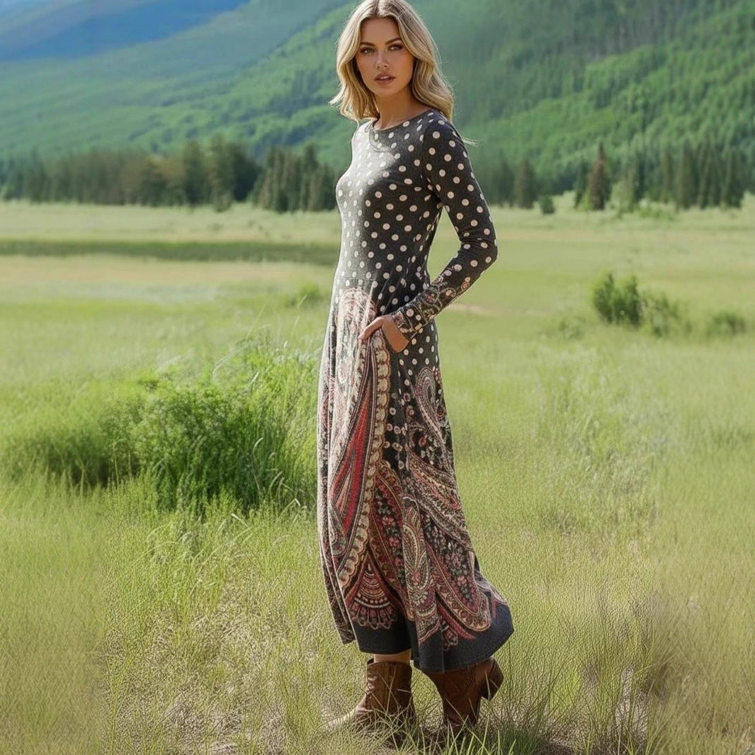 Damen Maxikleid mit Paisley‑ und Polka‑Dot‑Print, langärmeliges A‑Linien‑Jerseykleid Drune