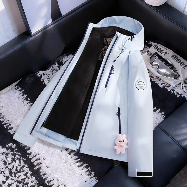 Damen Leichte wasserdichte Kapuzenjacke mit Teddy‑Charm und verdeckten Reißverschlusstaschen Drune