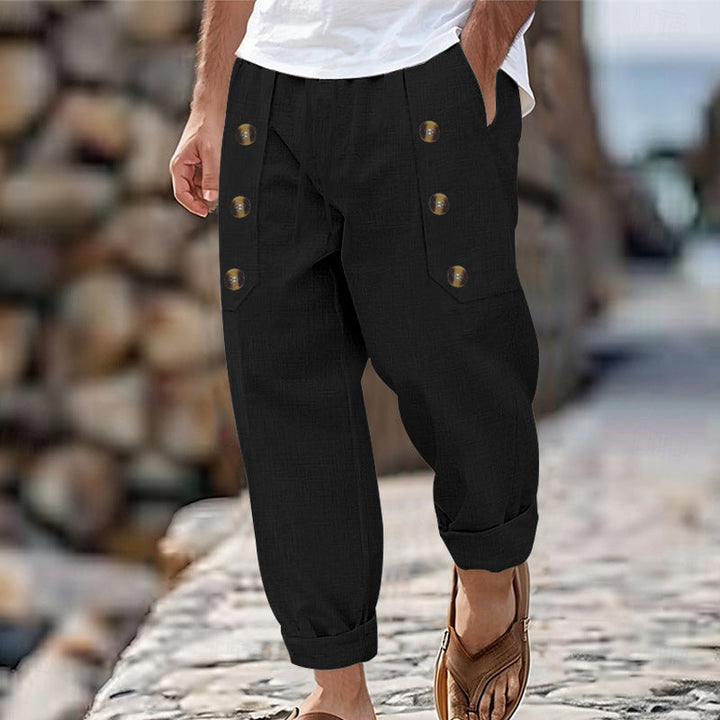 Herren Bequeme Leinenhose mit seitlichen Knöpfen und elastischem Bund Drune