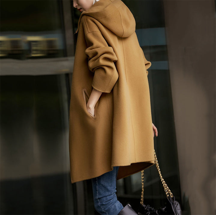 Damen nan midilanger Wollmixmantel mit Kapuze und Druckknopfleiste im Oversize-Schnitt Drune
