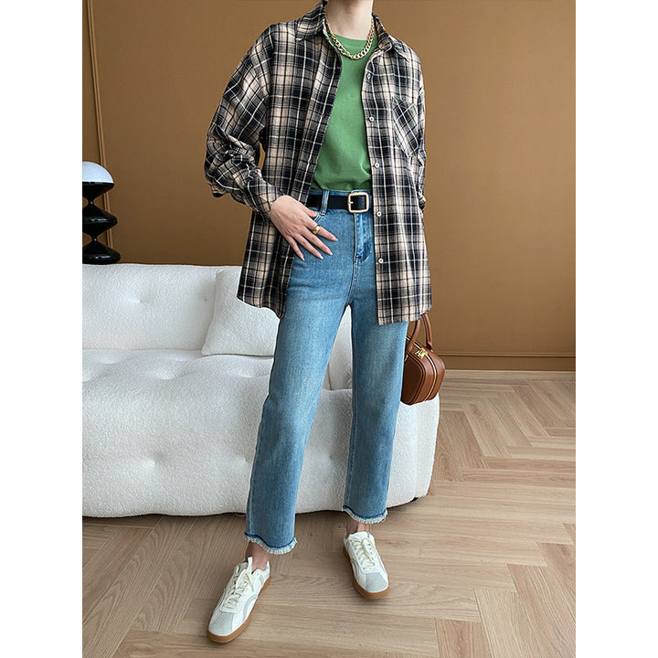 Damen High-Waist Jeans mit fransigen Säumen Drune