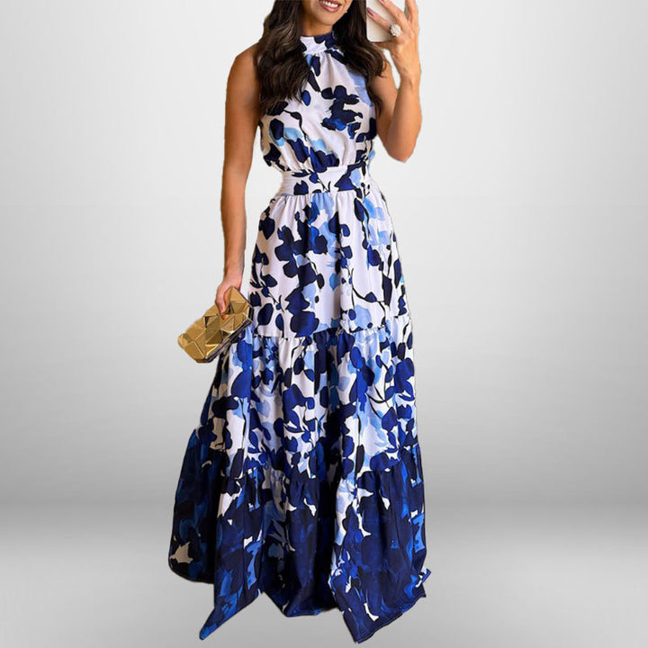 Damen Maxikleid mit elegantem Stehkragen und fließendem Rock Drune