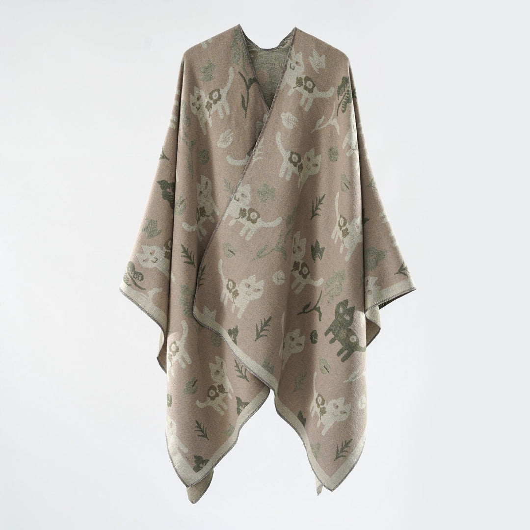 Damen Oversized Ruana im Jacquard mit Katzen- & Blumenmotiv Drune