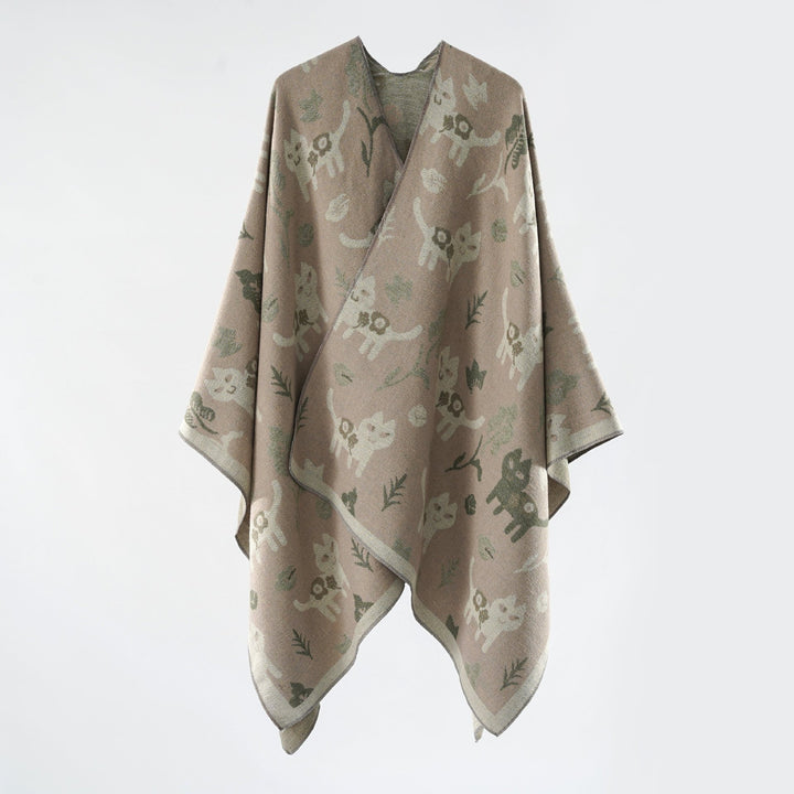 Damen Oversized Ruana im Jacquard mit Katzen- & Blumenmotiv Drune
