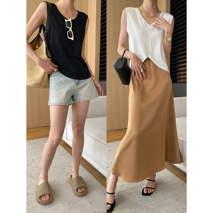 Damen elegantes V-Ausschnitt Top mit schwingendem Midirock Drune