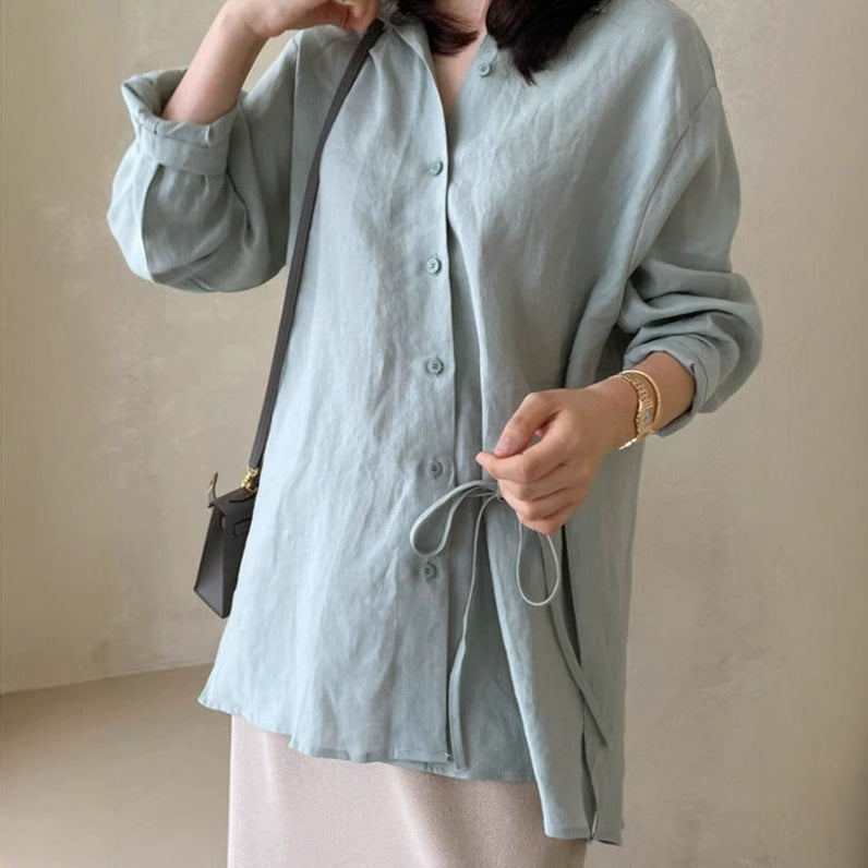 Damen Locker geschnittene Leinen‑Hemdbluse mit Stehkragen, Tunnelzug‑Taille und durchgehender Knopfleiste Drune