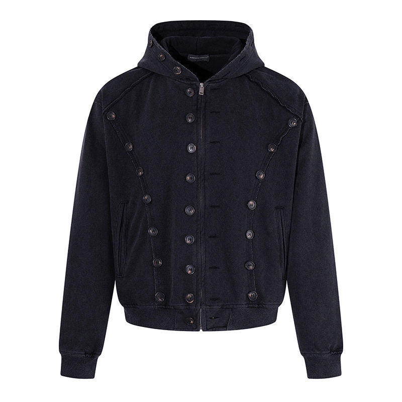 Herren Kapuzen-Zipjacke mit dekorischer Knopfreihe, vintage-inspirierter Waschung und elastischem Saum Drune