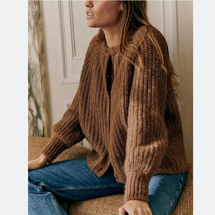 Damen Oversize Mohair-Effekt Strickjacke mit Rippenstruktur und Rundhalsausschnitt Drune