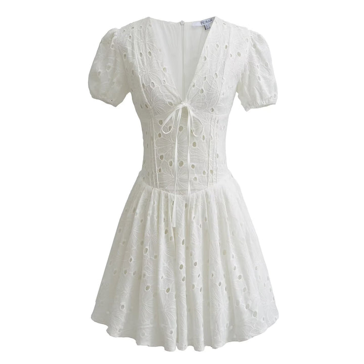 Damen elegantes Sommerkleid mit Blumenstickereien und ausgestellten Ärmeln Drune