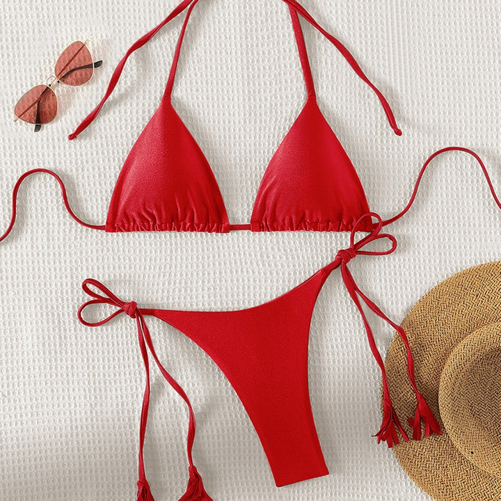 Damen Triangel-Bikini mit seitlichem Bindeband und glänzender Oberfläche Drune