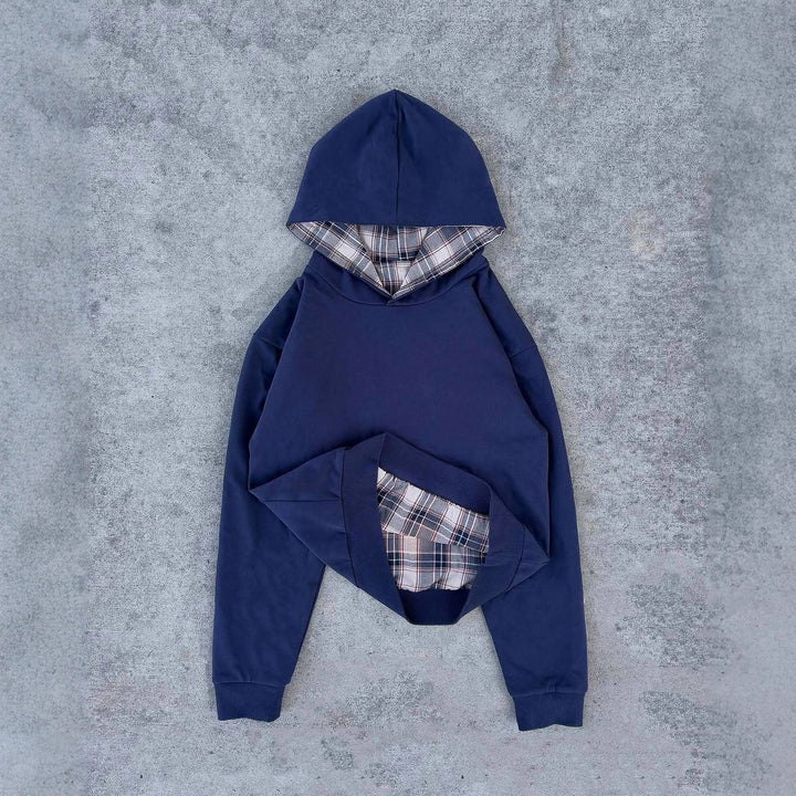 Damen nan kurz geschnittenes Kapuzensweatshirt mit kariertem Flanellfutter und Kängurutasche Drune