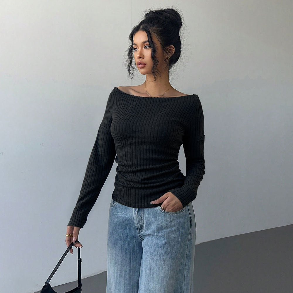 Damen schulterfreies geripptes Langarmshirt mit taillierter Raffung und figurbetontem Stretch Drune