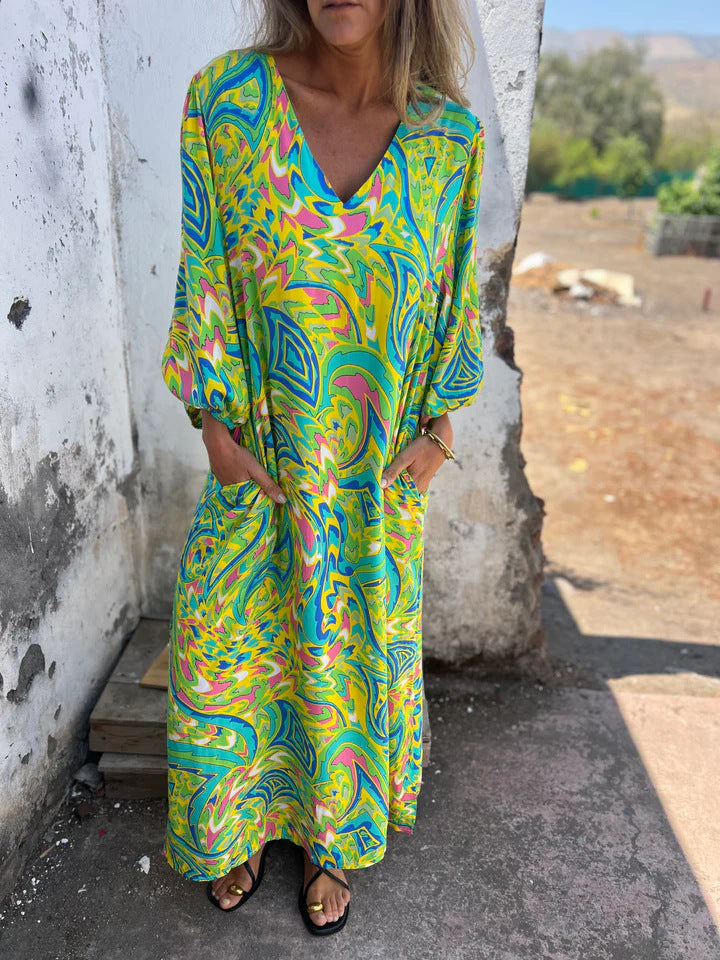 Damen V-Ausschnitt Maxikleid mit Seitentaschen und lockerer Passform Drune