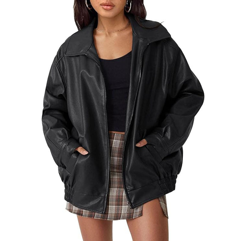 Damen Oversize Kunstleder Blouson mit Reißverschluss und elastischem Saum Drune