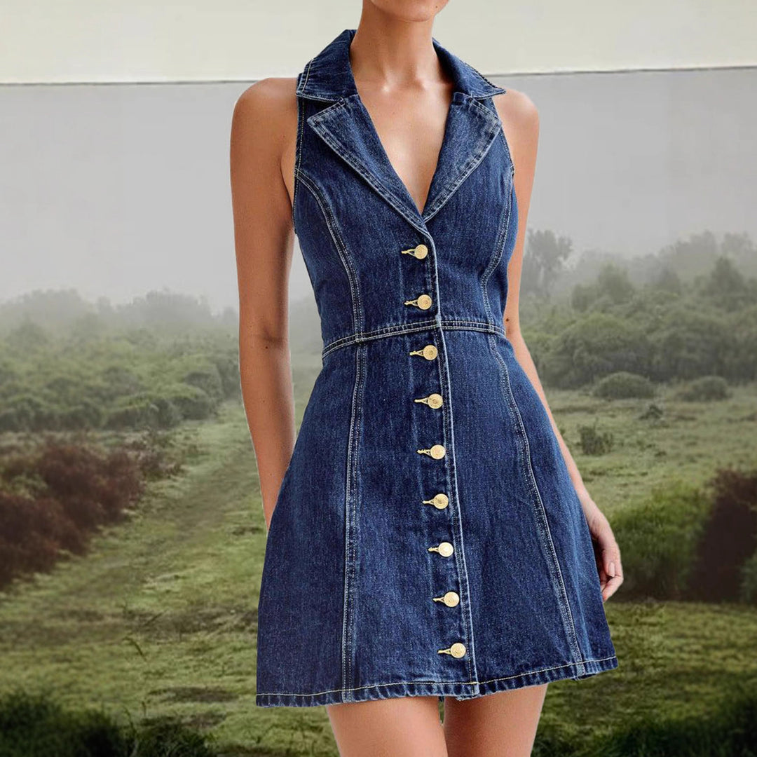 Damen Jeanskleid mit modernem Reverskragen und Knopfdetails Drune
