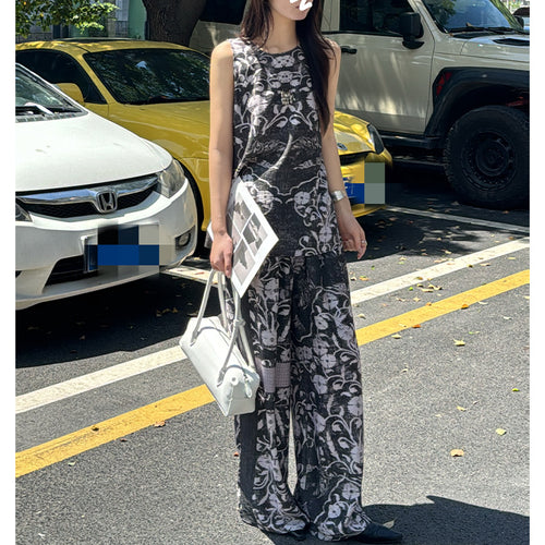 Damen Weite Leinenmix-Hose mit Elastikbund, Palazzoschnitt und ornamentalem Print Drune