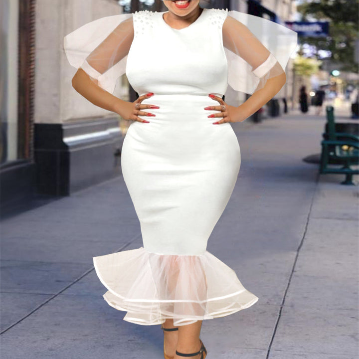 Damen Elegantes Maxikleid mit voluminösen Tüllärmeln und Rüschensaum Drune