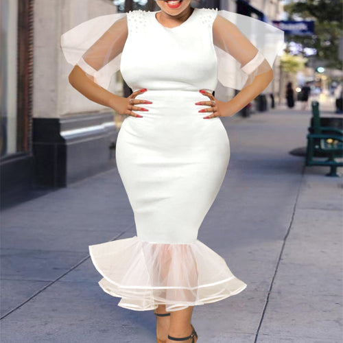Damen Elegantes Maxikleid mit voluminösen Tüllärmeln und Rüschensaum Drune