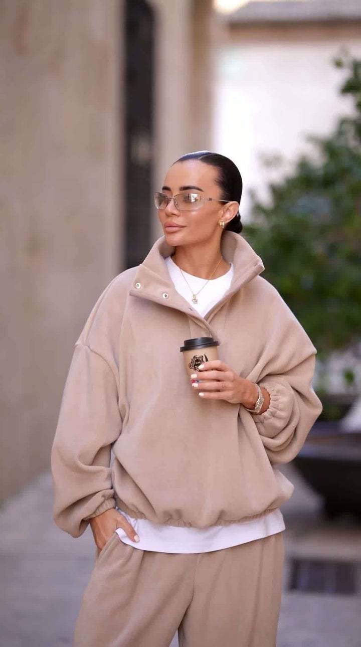 Damen kuscheliger Oversize-Fleece-Pullover mit hohem Kragen und eleganter Kordelzugapplikation Drune