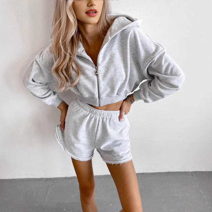 Damen Cropped-Zipper-Kapuzenjacke mit taillenhohen Fransen-Shorts Lounge-Set Drune