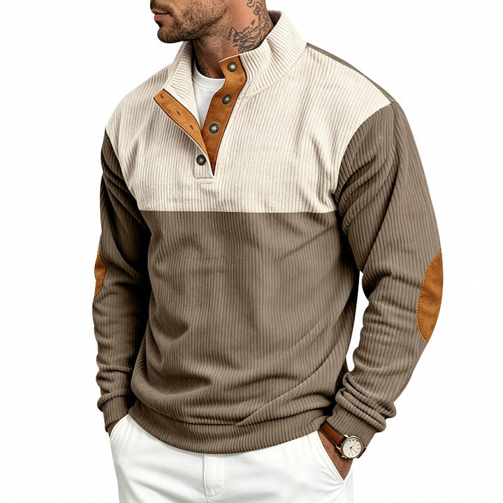 Herren Gerippter Stehkragen-Pullover mit Knopfleiste, Kontrastblende und Ellbogen-Patches Drune