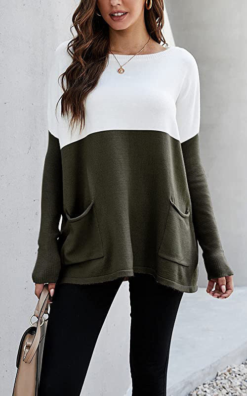 Damen Strickpullover mit großen Fronttaschen und kontrastiertem Design Drune