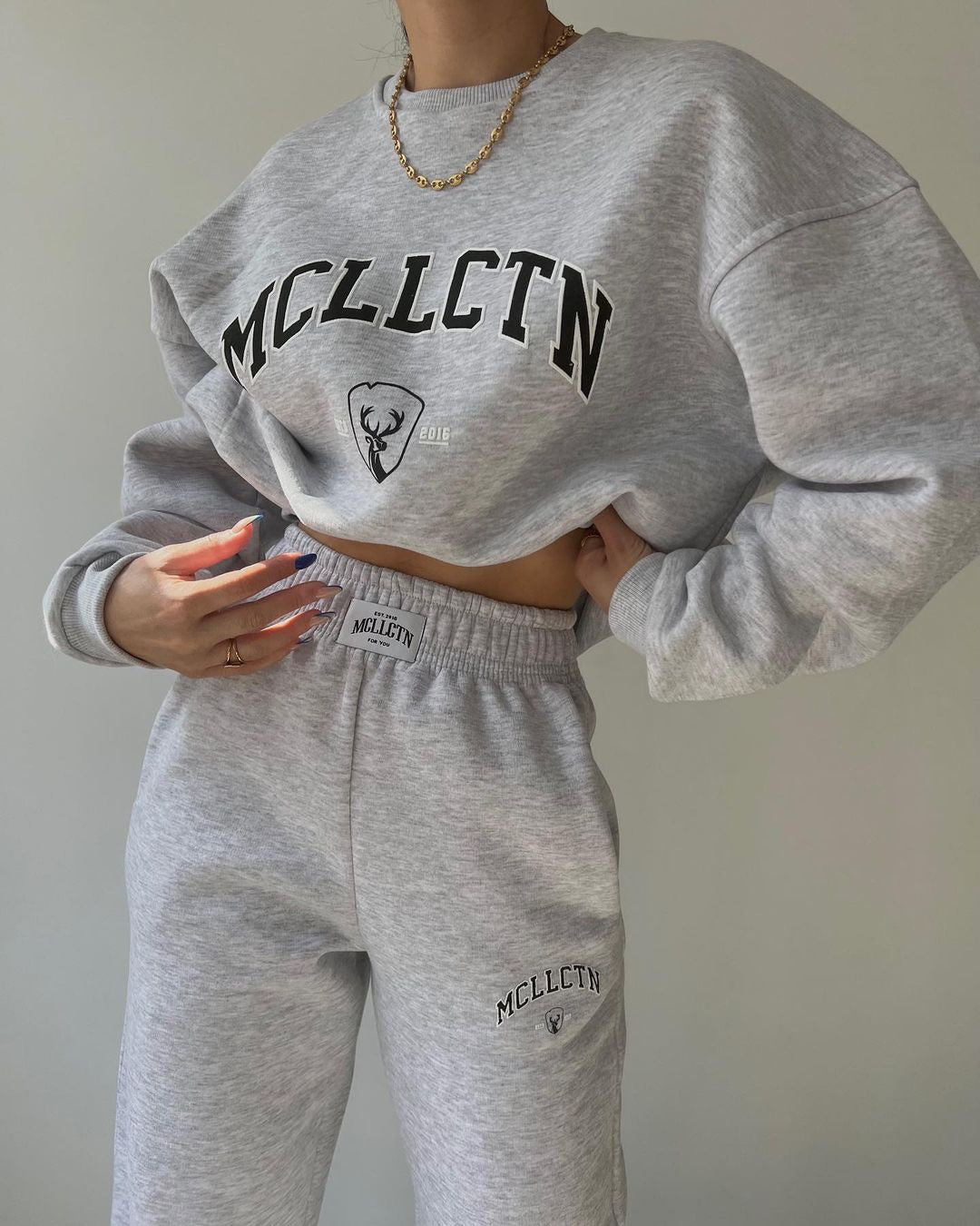 Damen Oversized College-Sweatshirt und High-Waist-Jogger-Set aus French-Terry Drune