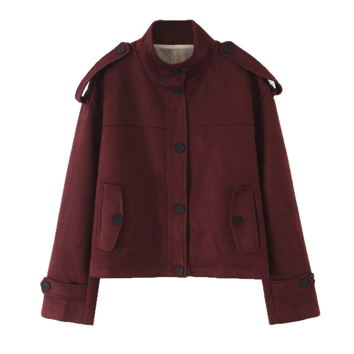 Damen Kurze Jacke in Velourslederoptik mit Stehkragen, Schulterklappen und Pattentaschen Drune