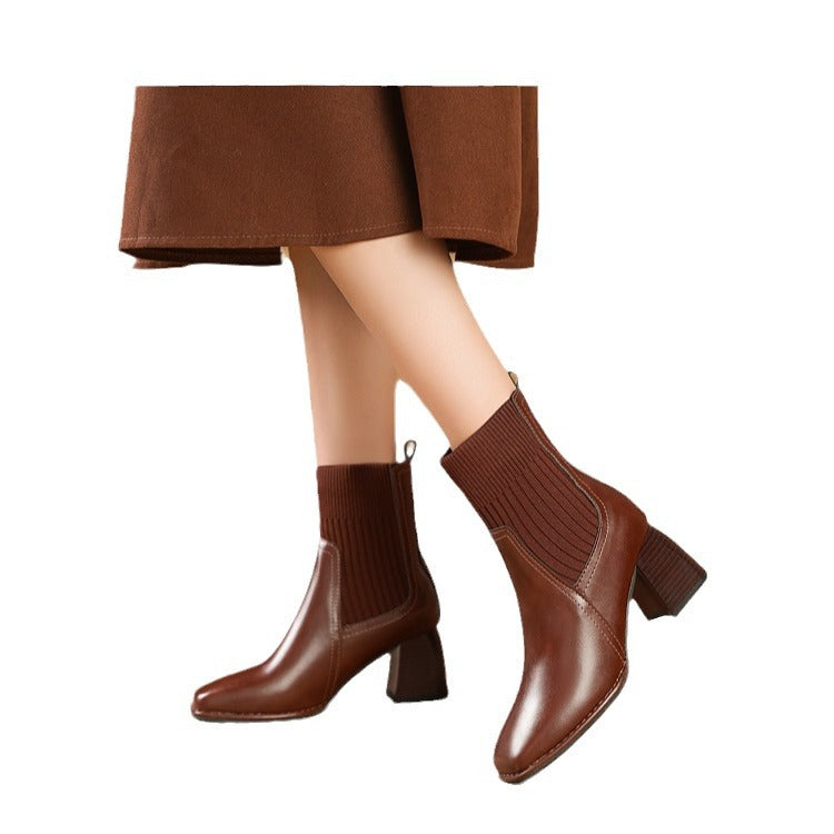 Damen Elegante Chunky Stiefeletten mit Strick-Einsatz Drune
