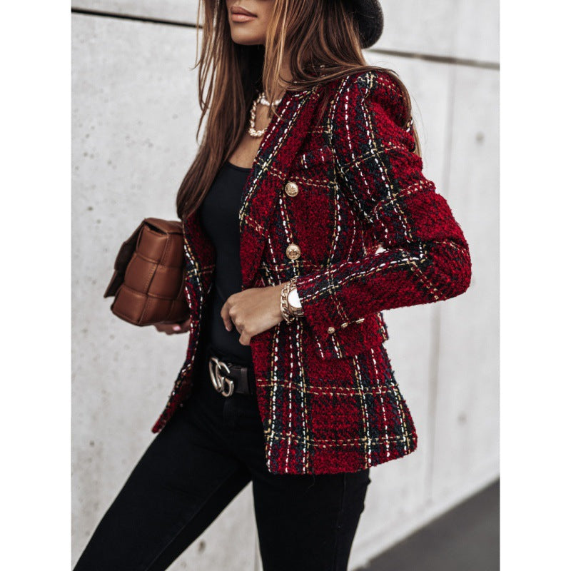 Damen Karierter Blazer mit goldenen Knöpfen und strukturiertem Gewebe Drune