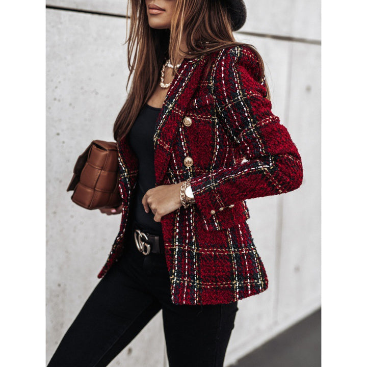 Damen Karierter Blazer mit goldenen Knöpfen und strukturiertem Gewebe Drune