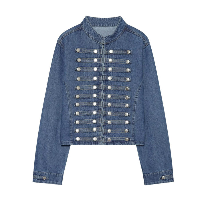 Damen Kurz geschnittene Denimjacke im Militärstil mit Stehkragen und Zierknopfreihen Drune
